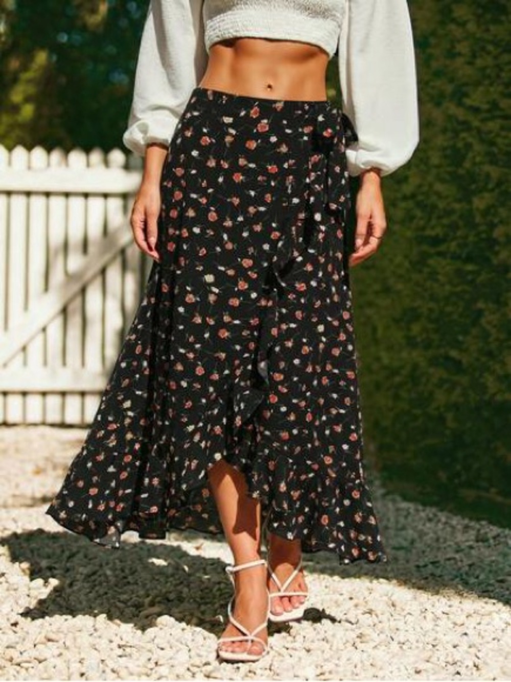 NWT Women’s Black Floral Ruffle Maxi Skirt Size S Boho Cottagecore Midi Skirt